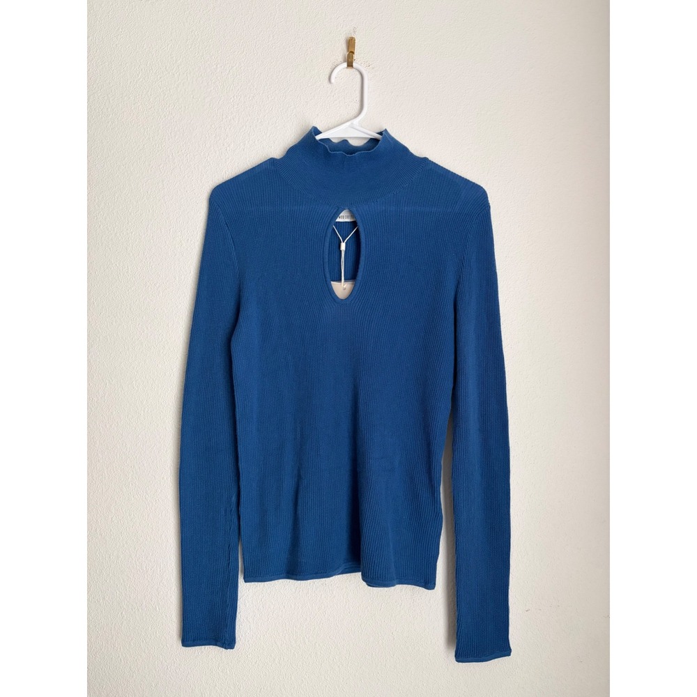 C/MEO COLLECTIVE Era Knit Top Blue Ribbed Mock Neck Keyhole Cutout Sweater